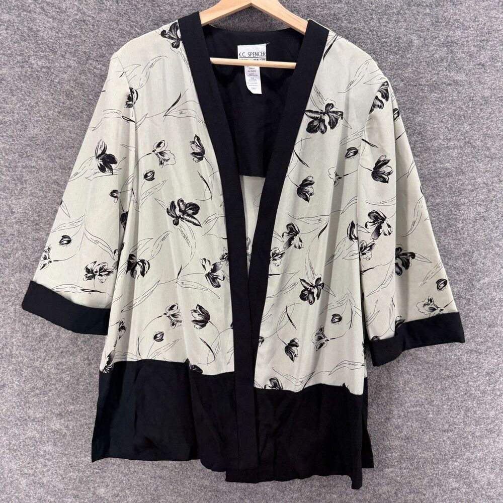 K.C. Spencer Top Women 16W Plus White Floral Open Front Long Sleeve Casual